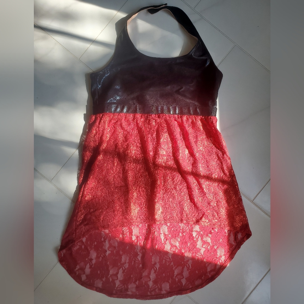 Red Shimmer Lace and Black Leather Look Halter Top CC Dancewear Cheerleading.com